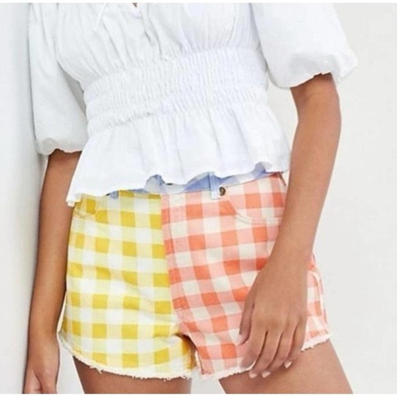 Farm Rio for Anthropologie like  New Gingham Color Block Denim Shorts - Picture 2 of 5